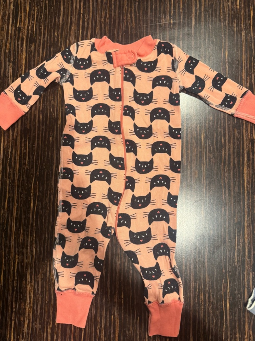 Hannah Anderson Peach Cat Print Zipper Footless One-Piece for Kids